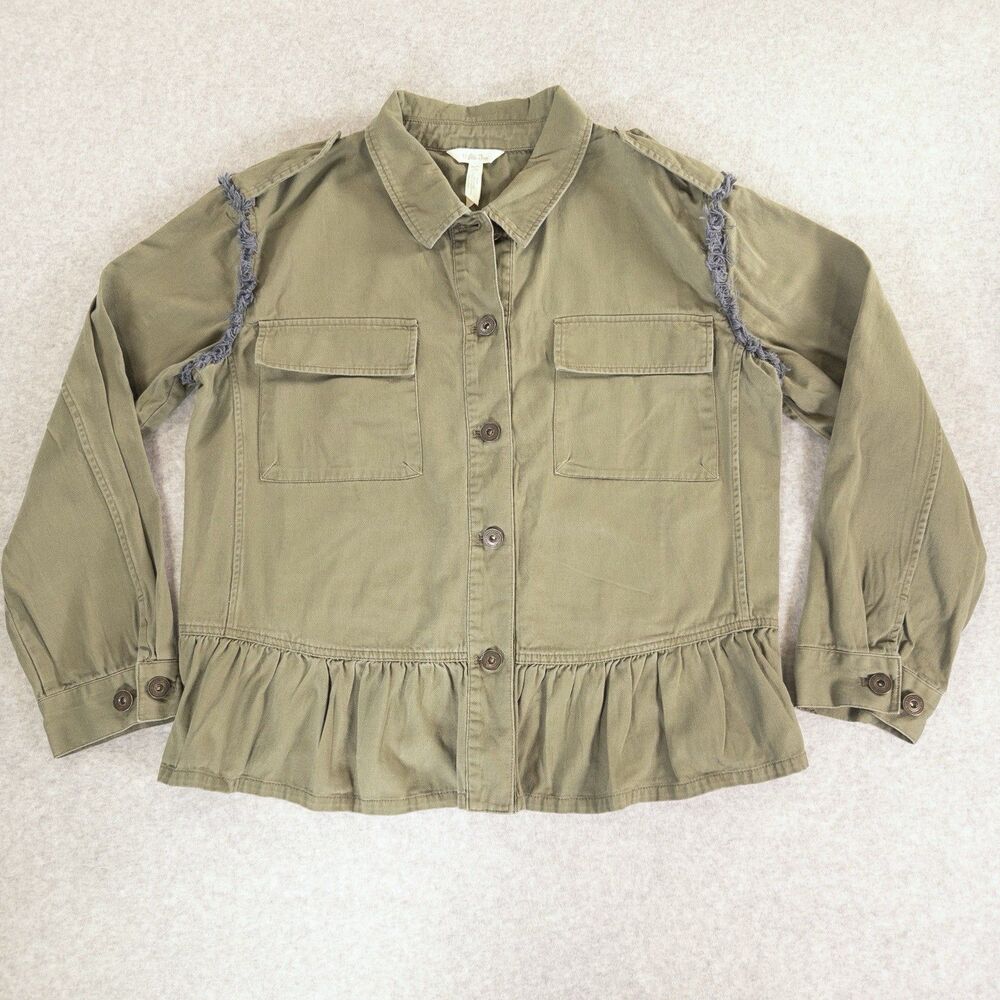 Matilda Jane Military Jacket Green Patchwork Ruffle Boho Peplum Fringe Shacket L - Picture 10 of 11